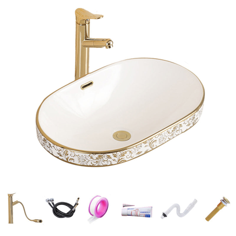 Traditional Bathroom Sink Porcelain Oval-Shape Vessel Bathroom Sink with Pop-Up Drain