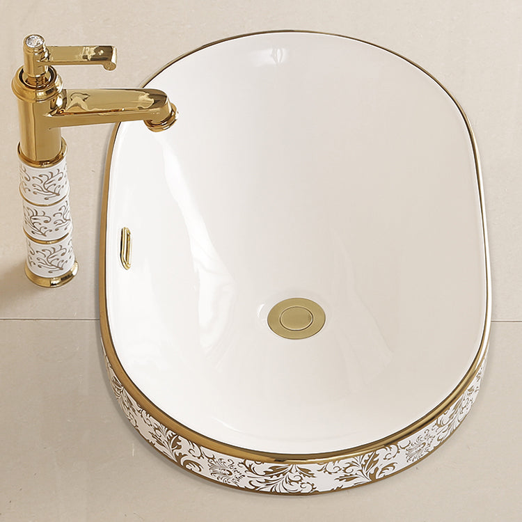 Traditional Bathroom Sink Porcelain Oval-Shape Vessel Bathroom Sink with Pop-Up Drain