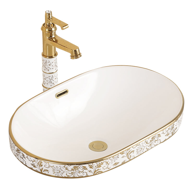 Traditional Bathroom Sink Porcelain Oval-Shape Vessel Bathroom Sink with Pop-Up Drain