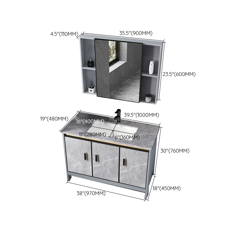 Contemporary Sink Cabinet Freestanding Mirror Cabinet Bathroom Vanity Set in Gray