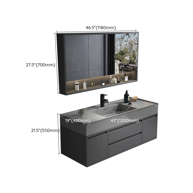 Single Sink Grey Vanity Shelving Included Mirror Rectangle Vanity with 2 Drawers
