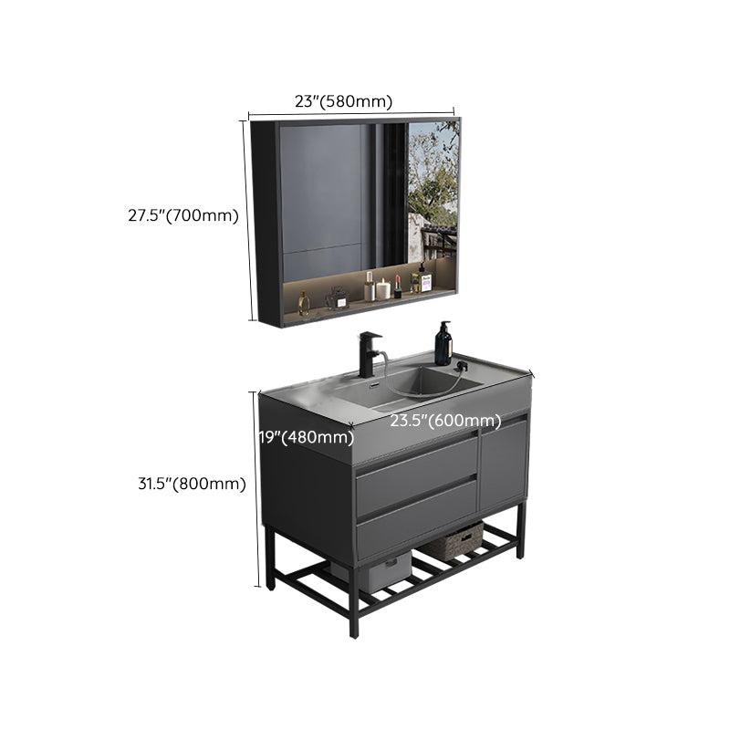 Single Sink Grey Vanity Shelving Included Mirror Rectangle Vanity with 2 Drawers