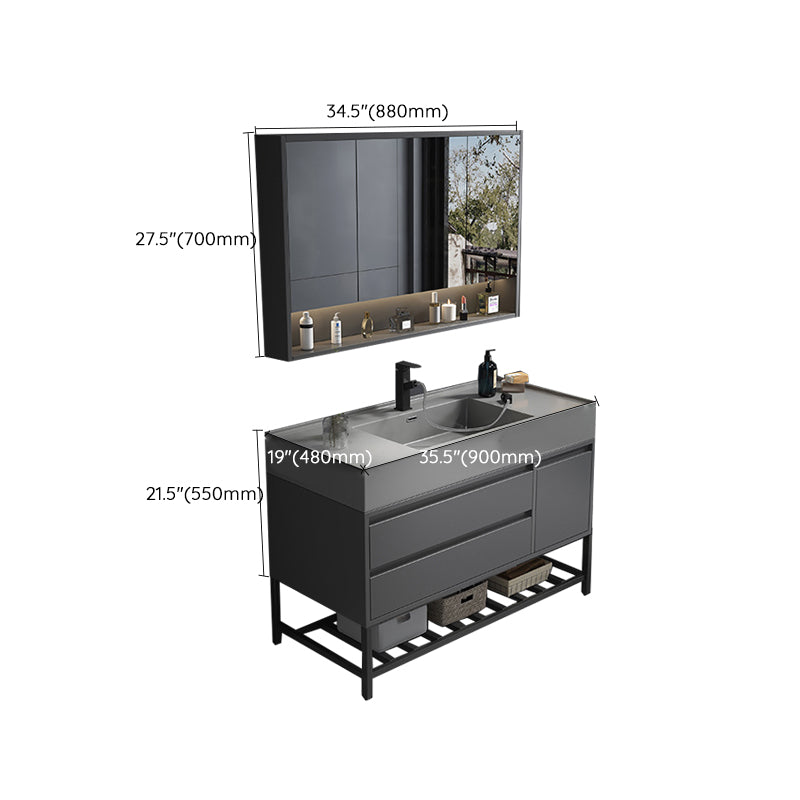 Single Sink Grey Vanity Shelving Included Mirror Rectangle Vanity with 2 Drawers