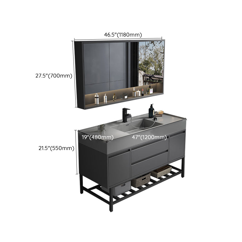 Single Sink Grey Vanity Shelving Included Mirror Rectangle Vanity with 2 Drawers