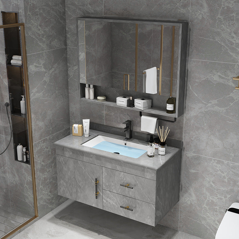 Stone Top Vanity Set Single Sink Mirror Drawers Wall-Mounted Rectangle Vanity with 2 Doors