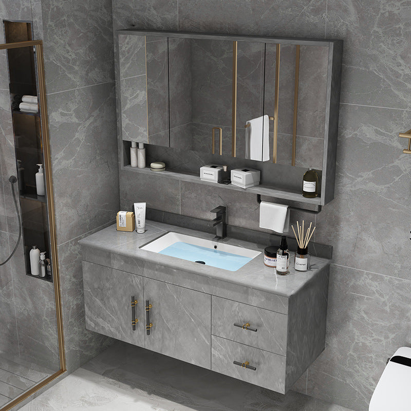 Stone Top Vanity Set Single Sink Mirror Drawers Wall-Mounted Rectangle Vanity with 2 Doors