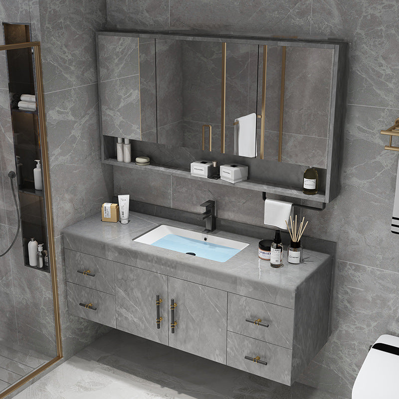 Stone Top Vanity Set Single Sink Mirror Drawers Wall-Mounted Rectangle Vanity with 2 Doors