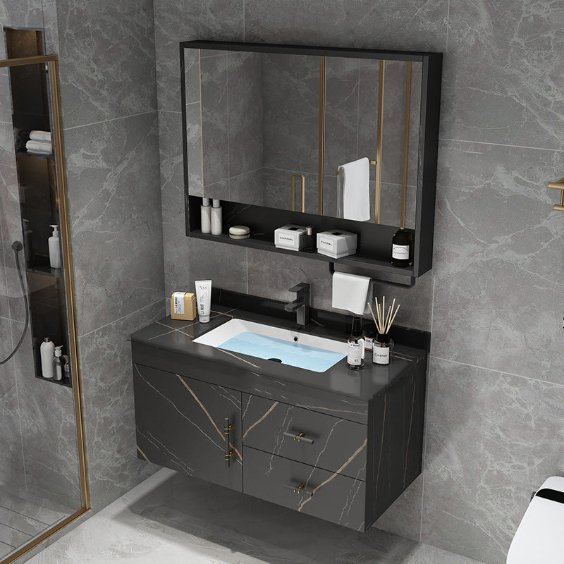 Stone Top Vanity Set Single Sink Mirror Drawers Wall-Mounted Rectangle Vanity with 2 Doors