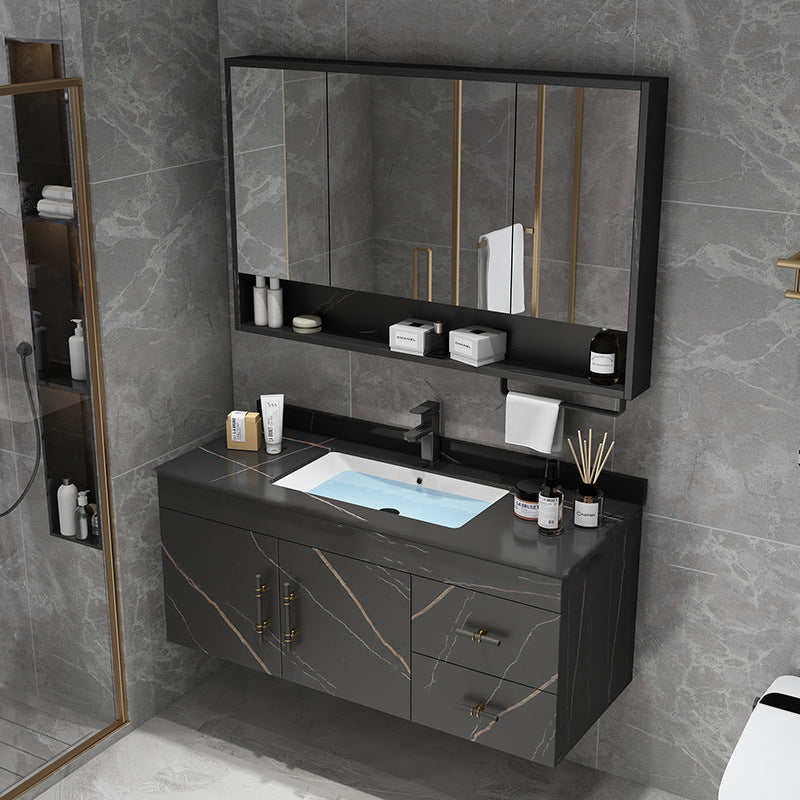 Stone Top Vanity Set Single Sink Mirror Drawers Wall-Mounted Rectangle Vanity with 2 Doors