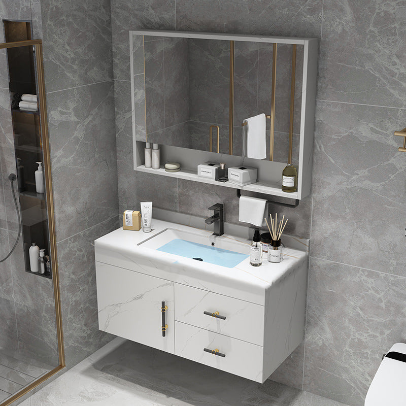 Stone Top Vanity Set Single Sink Mirror Drawers Wall-Mounted Rectangle Vanity with 2 Doors