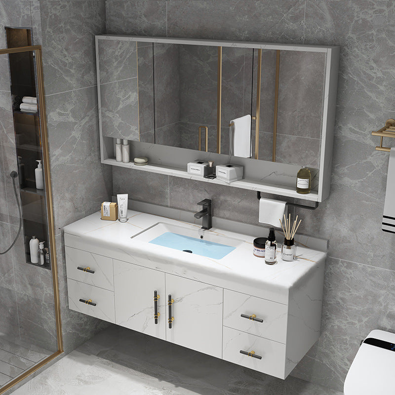Stone Top Vanity Set Single Sink Mirror Drawers Wall-Mounted Rectangle Vanity with 2 Doors