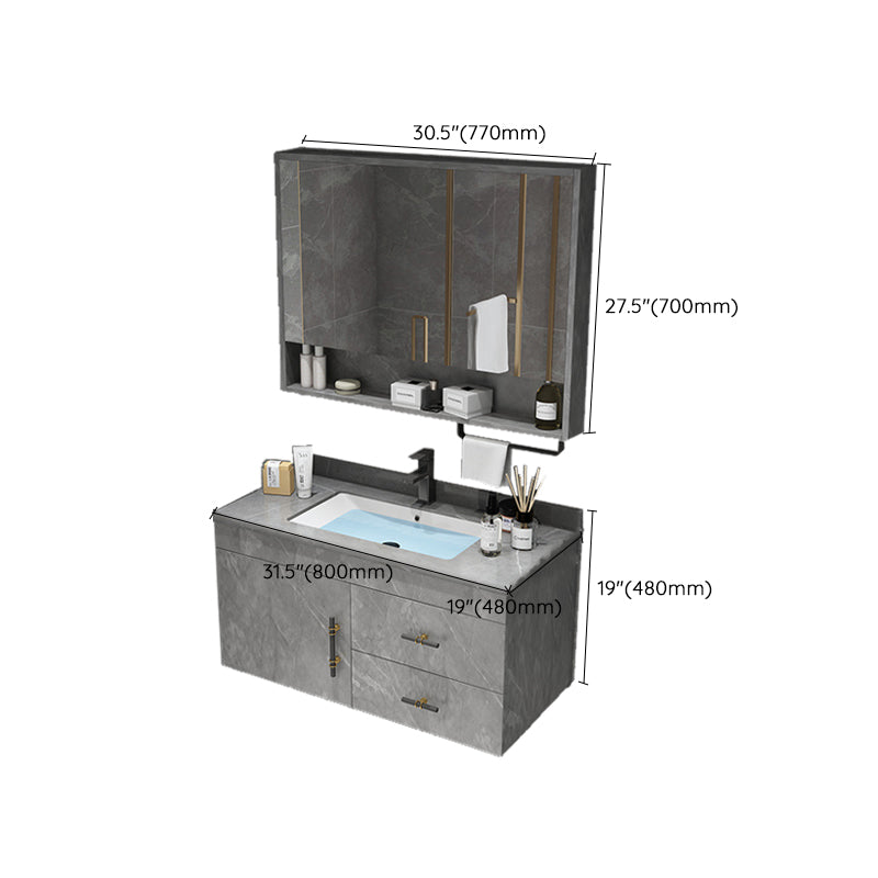 Stone Top Vanity Set Single Sink Mirror Drawers Wall-Mounted Rectangle Vanity with 2 Doors