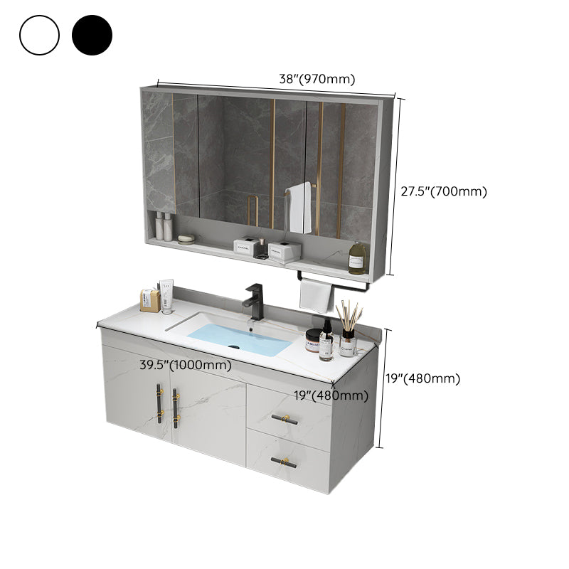 Stone Top Vanity Set Single Sink Mirror Drawers Wall-Mounted Rectangle Vanity with 2 Doors