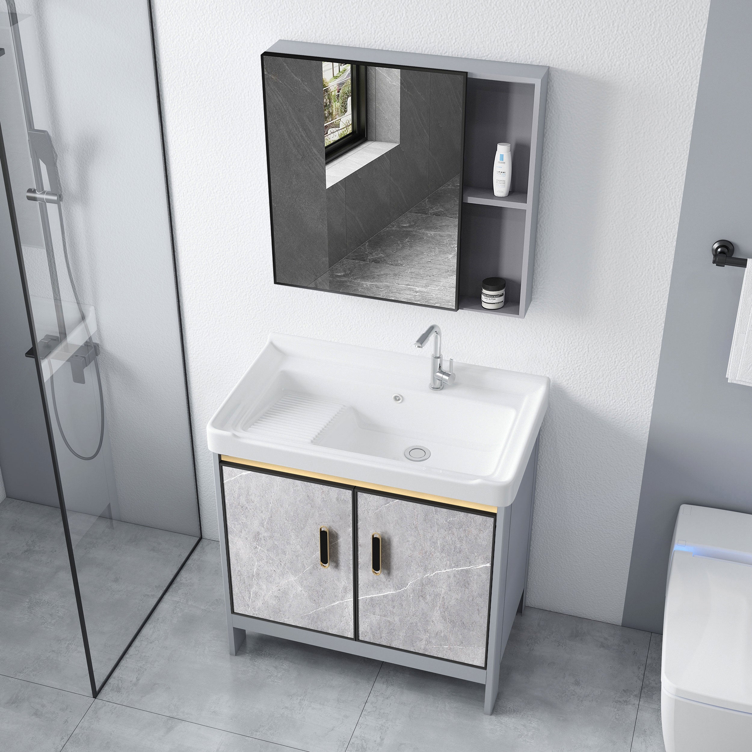 Metal Freestanding Sink Vanity Modern Mirror Cabinet Bathroom Vanity Set in Gray