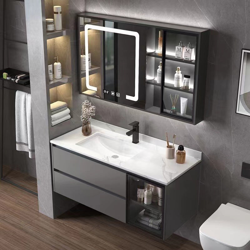Wall Mount Bath Vanity Grey Metal Frame Mirror Single Sink Bathroom Vanity with Drawers