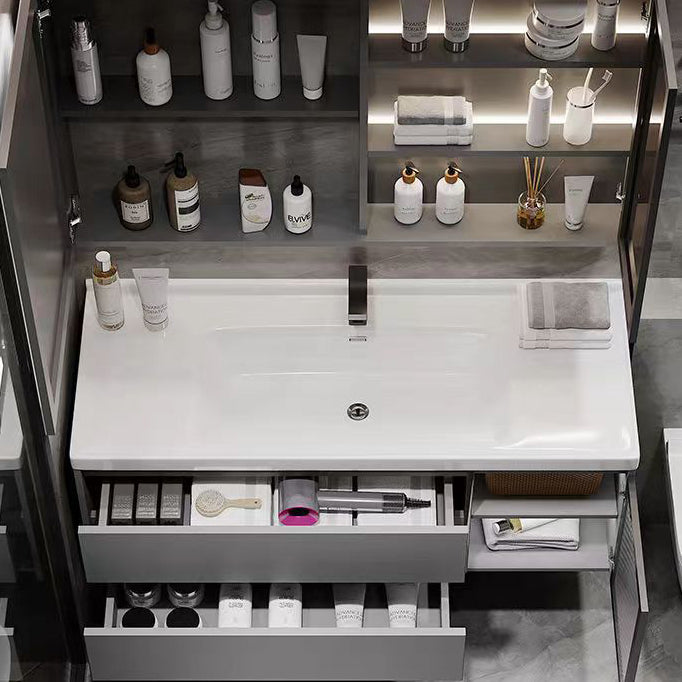 Wall Mount Bath Vanity Grey Metal Frame Mirror Single Sink Bathroom Vanity with Drawers