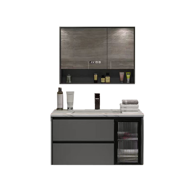 Wall Mount Bath Vanity Grey Metal Frame Mirror Single Sink Bathroom Vanity with Drawers