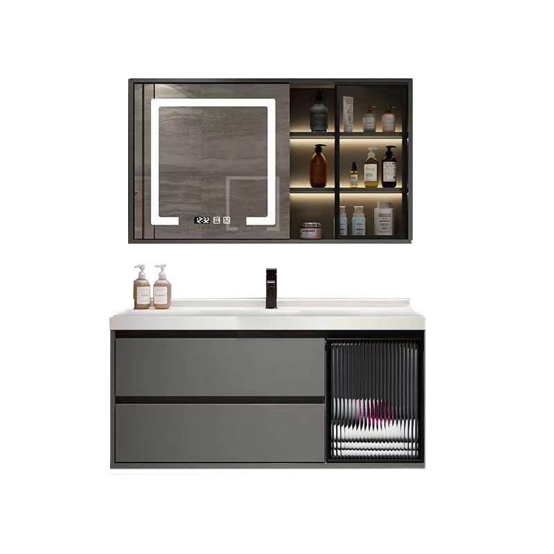 Wall Mount Bath Vanity Grey Metal Frame Mirror Single Sink Bathroom Vanity with Drawers