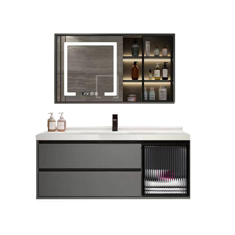 Wall Mount Bath Vanity Grey Metal Frame Mirror Single Sink Bathroom Vanity with Drawers