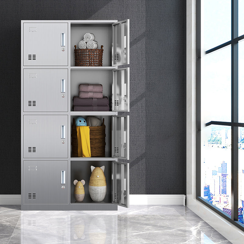 Silver Metal Cabinet with Hinged Doors Modern Steel Storage Cabinet for Home