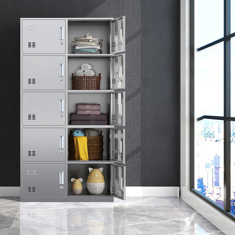 Silver Metal Cabinet with Hinged Doors Modern Steel Storage Cabinet for Home