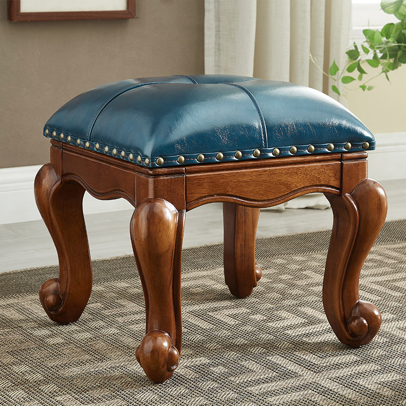 Mid-Century Modern Pouf Ottoman Genuine Leather Tufted Nailhead Trim Rectangle Ottoman
