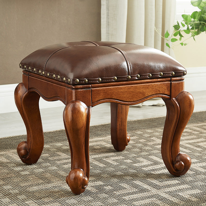 Mid-Century Modern Pouf Ottoman Genuine Leather Tufted Nailhead Trim Rectangle Ottoman