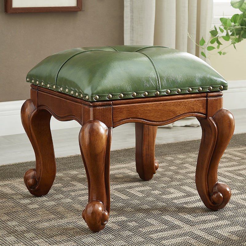 Mid-Century Modern Pouf Ottoman Genuine Leather Tufted Nailhead Trim Rectangle Ottoman