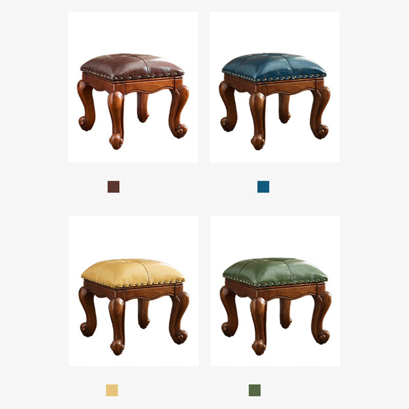 Mid-Century Modern Pouf Ottoman Genuine Leather Tufted Nailhead Trim Rectangle Ottoman