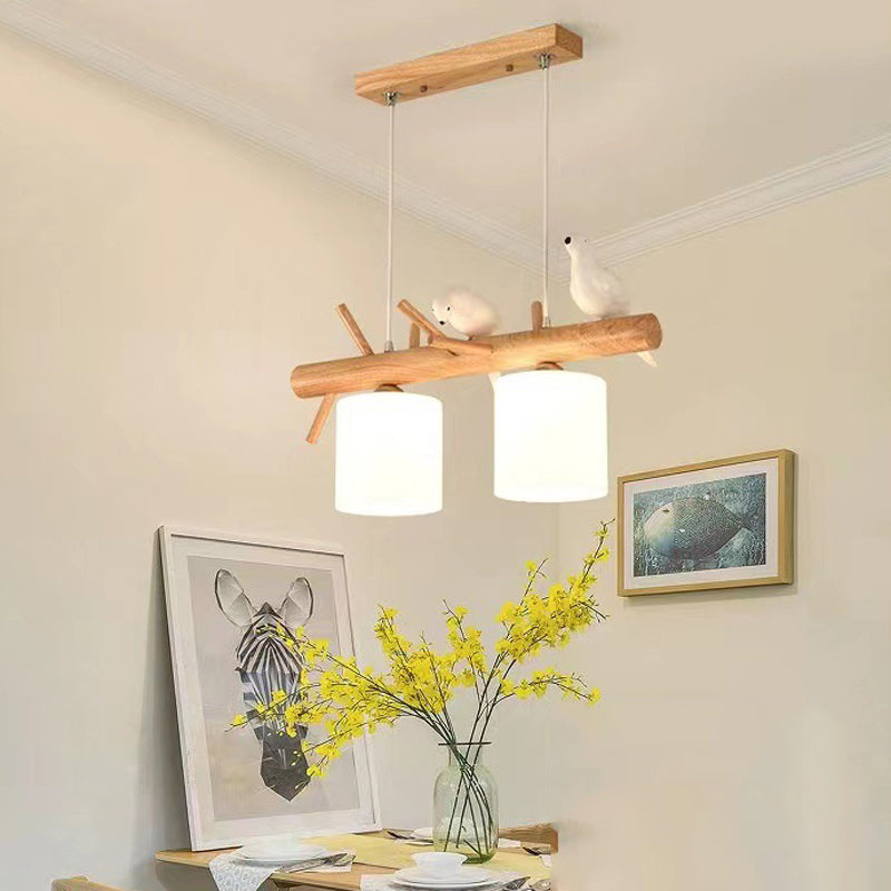 Modern Style Cylinder Shade Island Pendants 2-Lights Wood Pendant Lights for Dining Room