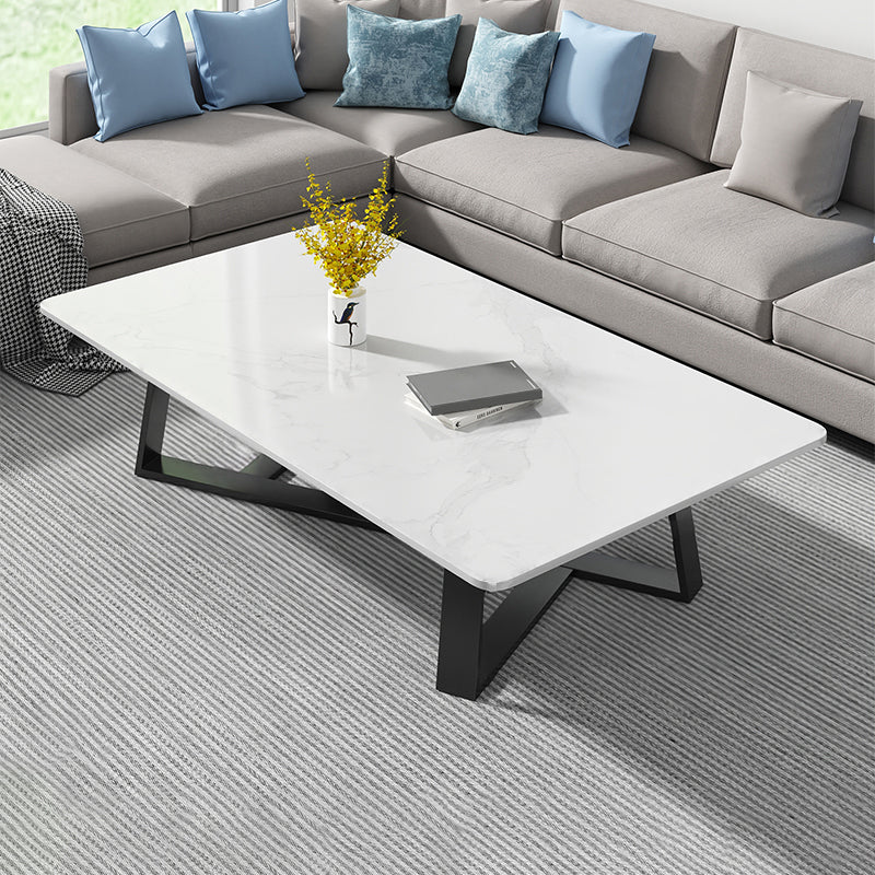 Modern Rectangle Coffee or End Table Stone and Steel Coffee Table with Cross Legs