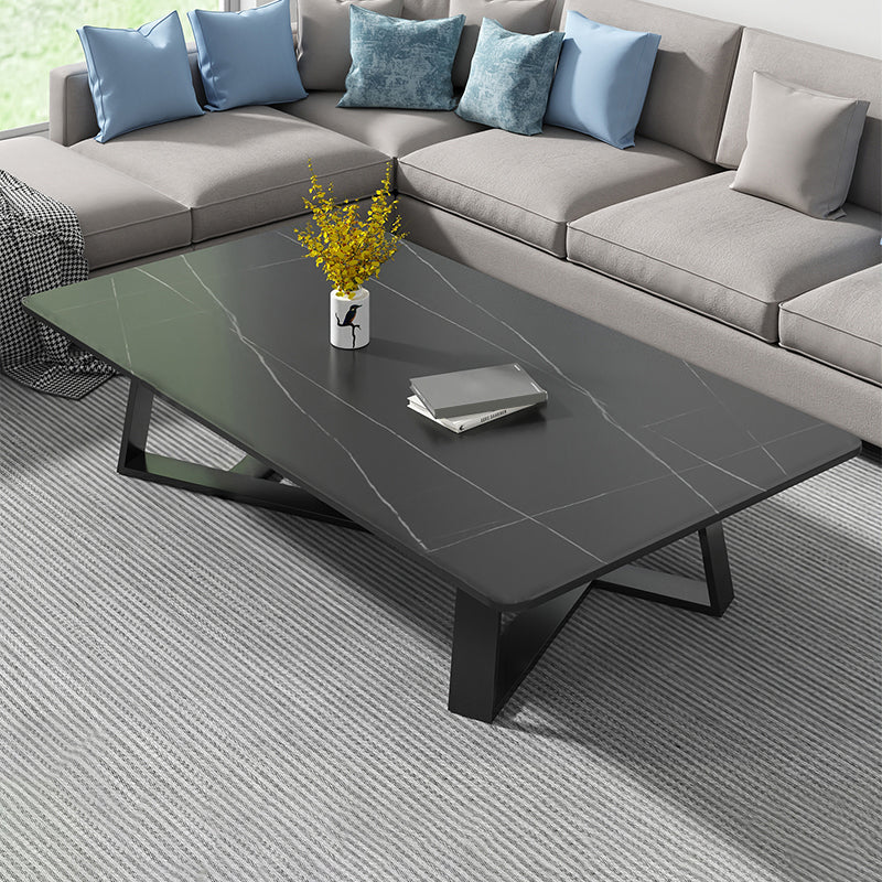Modern Rectangle Coffee or End Table Stone and Steel Coffee Table with Cross Legs