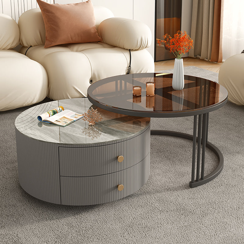 Contemporary Round Coffee Table 2-Piece Coffee or End Table in White and Grey