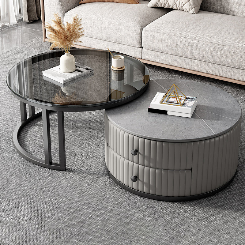 Modern Coffee Cocktail Table Round Glass / Slate Coffee Table with 2 Drawers