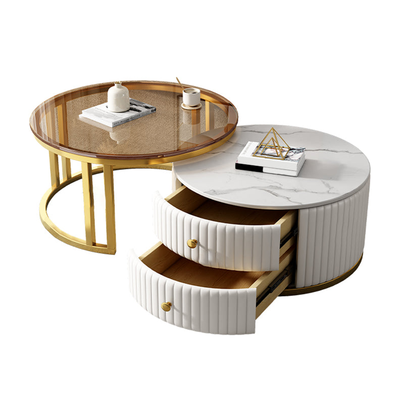 Modern Coffee Cocktail Table Round Glass / Slate Coffee Table with 2 Drawers