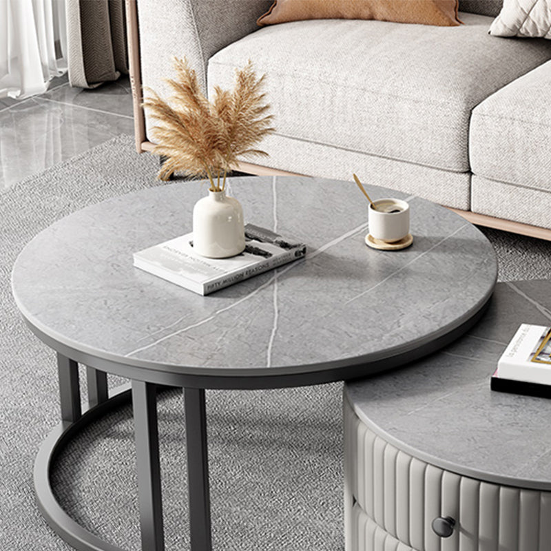 Modern Coffee Cocktail Table Round Glass / Slate Coffee Table with 2 Drawers