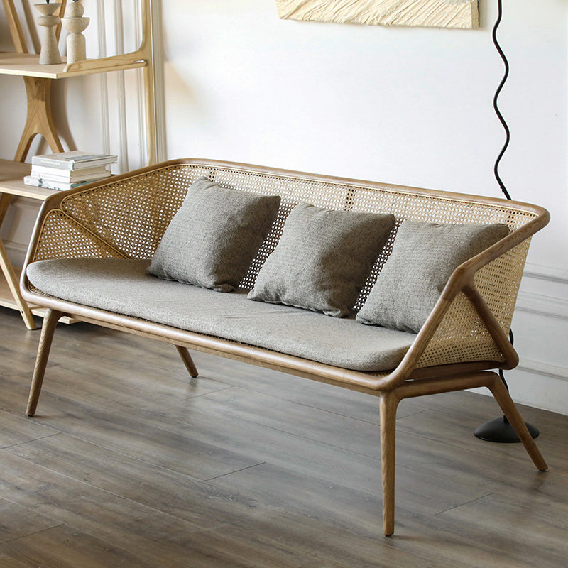 Rattan Linen Sofa 25.59" High Sloped Arm Sofa with Loose Back for Living Room