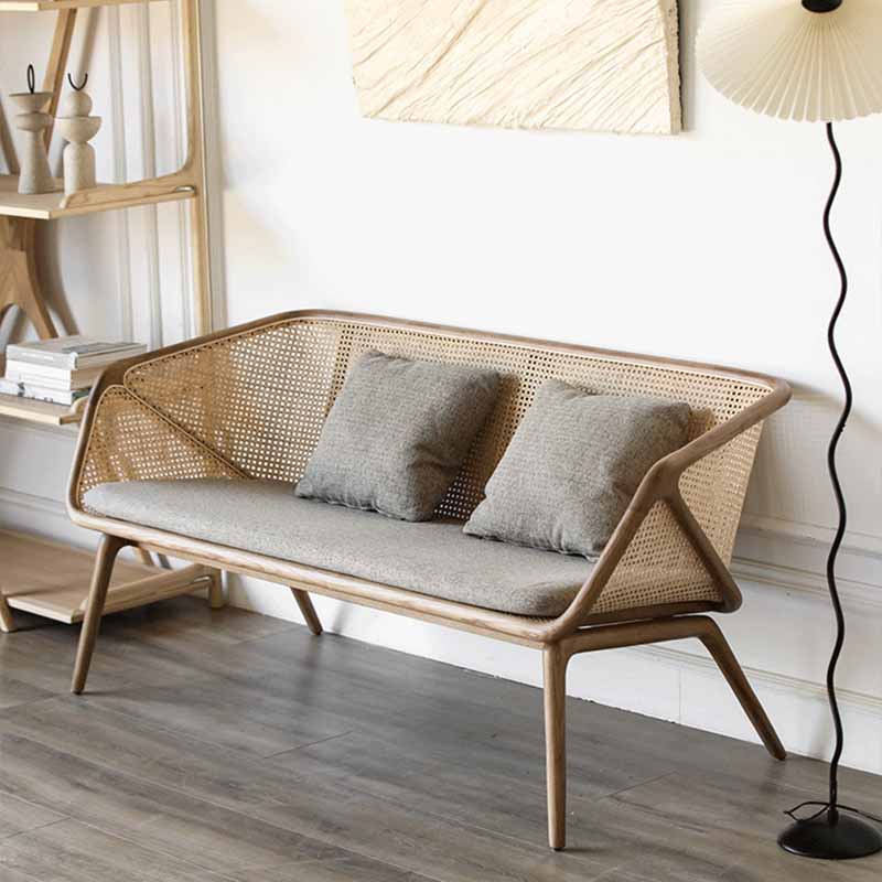 Rattan Linen Sofa 25.59" High Sloped Arm Sofa with Loose Back for Living Room