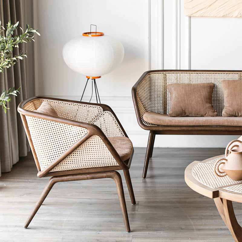 Rattan Linen Sofa 25.59" High Sloped Arm Sofa with Loose Back for Living Room