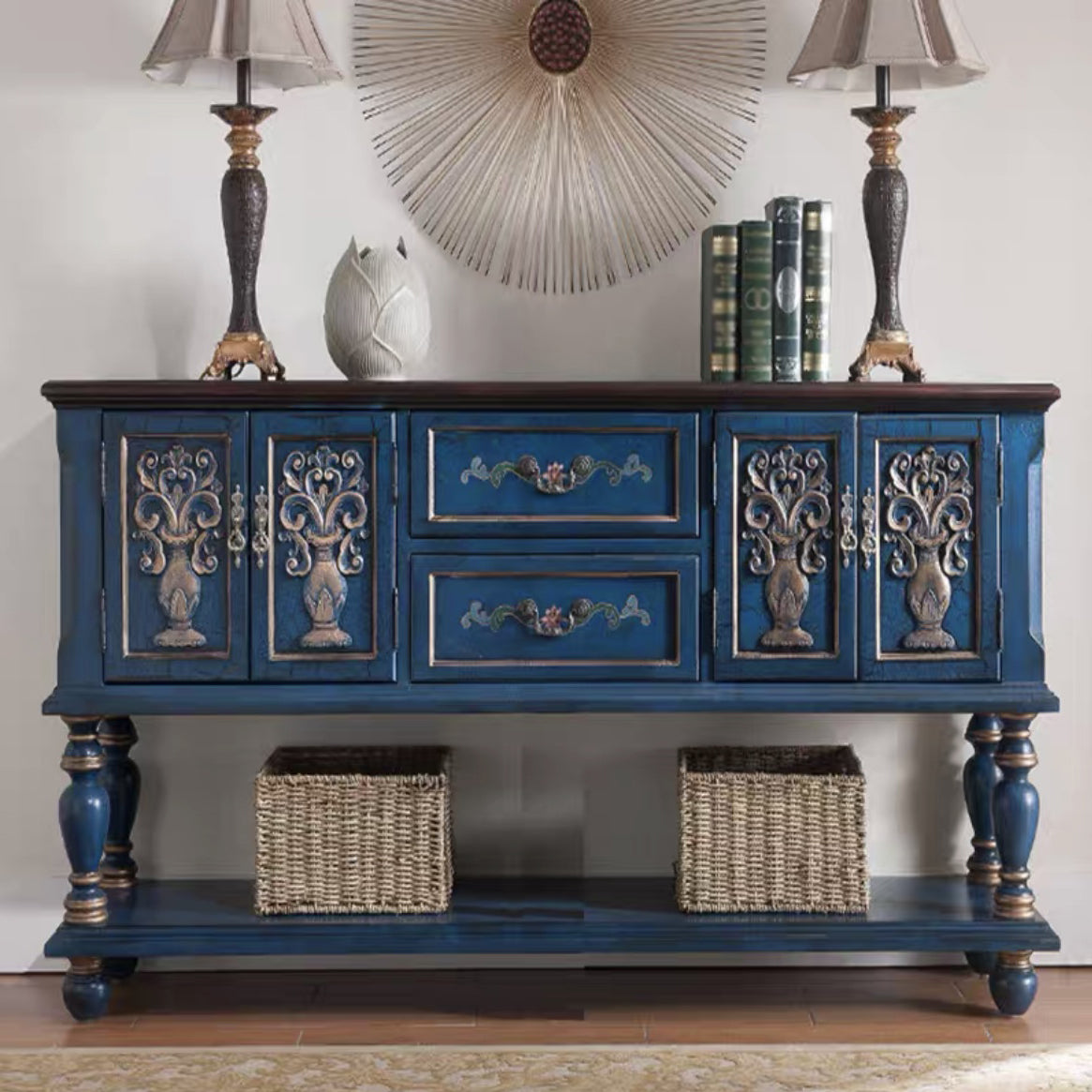 French Country Rectangle Console Table Rubber Wood Console Accent Table for Hall