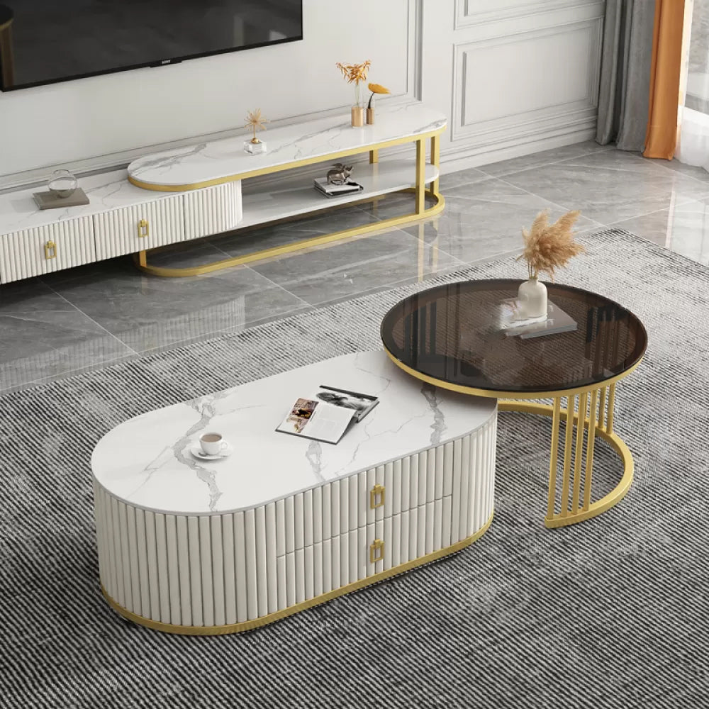 Slate Frame Coffee Table Glam Nesting Coffee Table Set with 2 Drawers