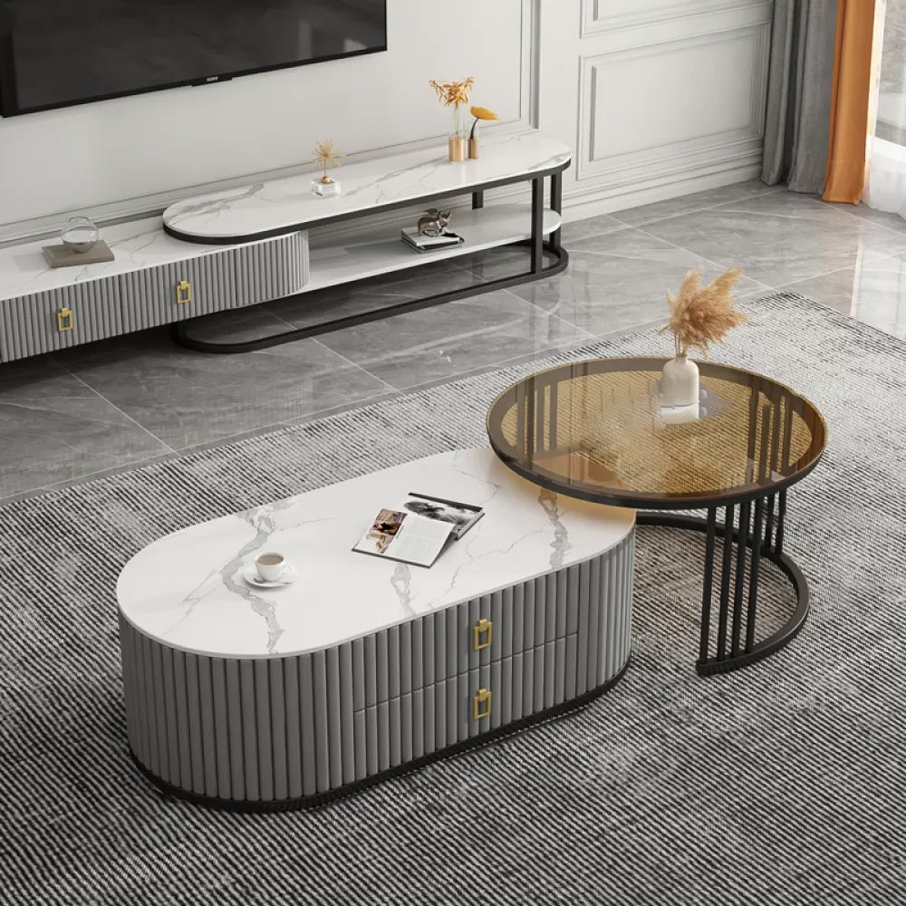 Slate Frame Coffee Table Glam Nesting Coffee Table Set with 2 Drawers