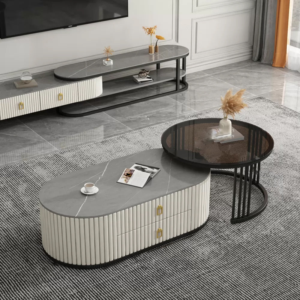 Slate Frame Coffee Table Glam Nesting Coffee Table Set with 2 Drawers