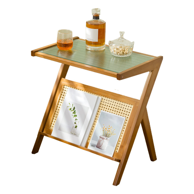 Contemporary Glass Top Accent Side Table for Living Room with Bamboo Base