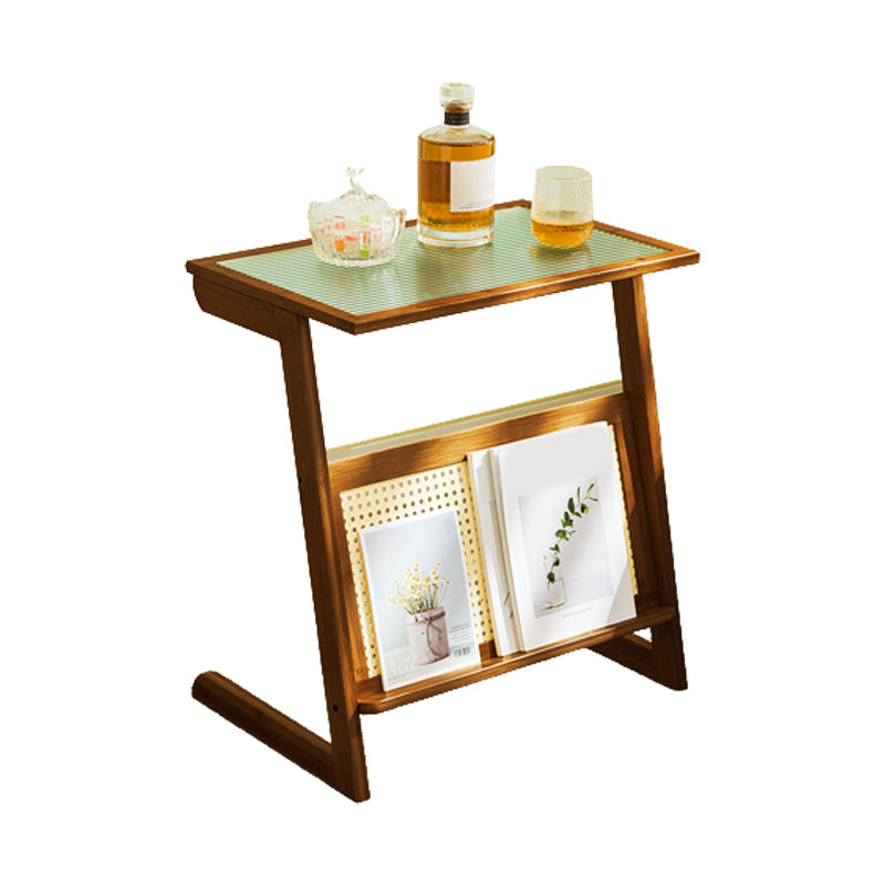 Contemporary Glass Top Accent Side Table for Living Room with Bamboo Base