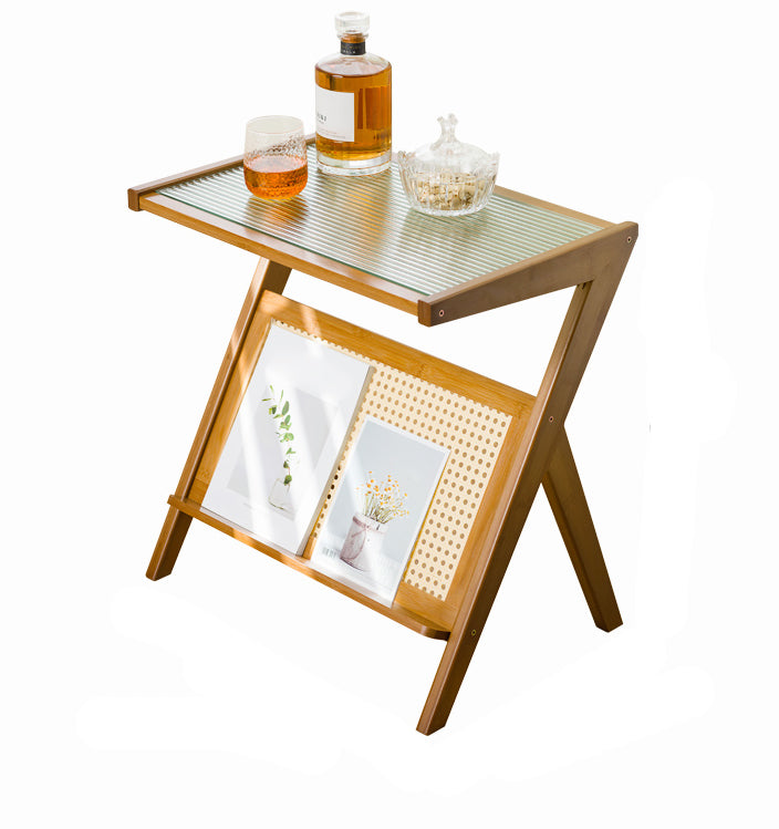 Contemporary Glass Top Accent Side Table for Living Room with Bamboo Base