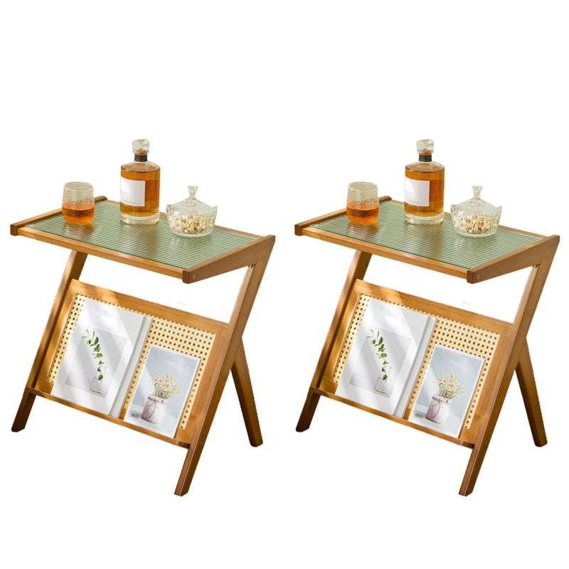 Contemporary Glass Top Accent Side Table for Living Room with Bamboo Base