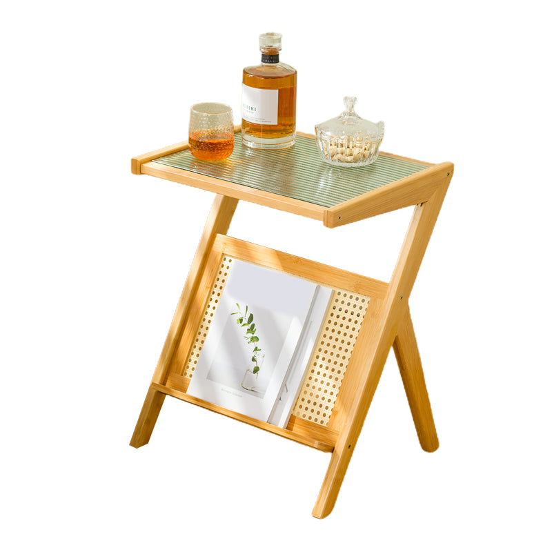 Contemporary Glass Top Accent Side Table for Living Room with Bamboo Base