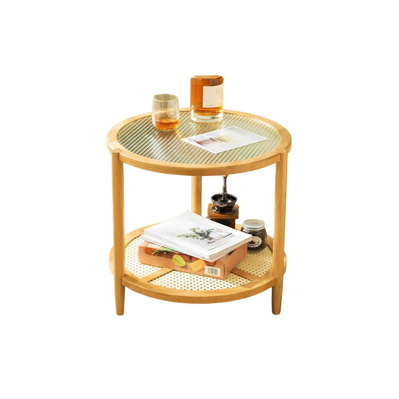 Contemporary Glass Top Accent Side Table for Living Room with Bamboo Base