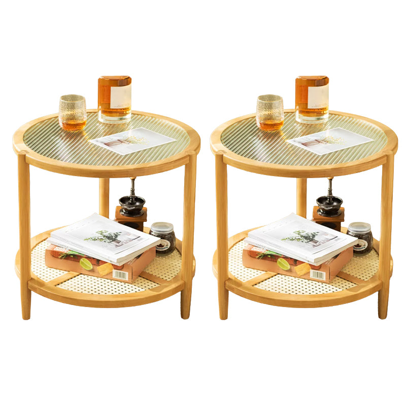 Contemporary Glass Top Accent Side Table for Living Room with Bamboo Base